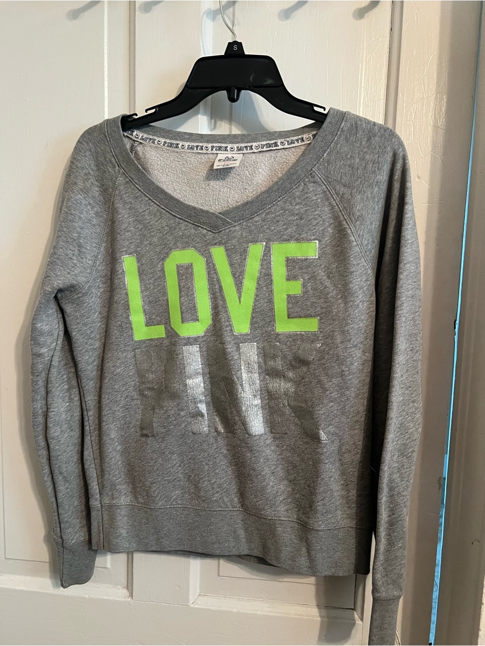PINK Victoria's Secret Grey V-Neck Sweatshirt with Neon Green LOVE
